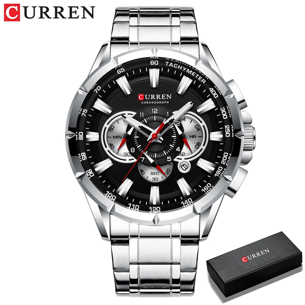CURREN - Nuevo reloj deportivo informal con cronógrafo para hombre, correa de acero inoxidable, reloj de pulsera de cuarzo con esfera grande y punteros luminosos