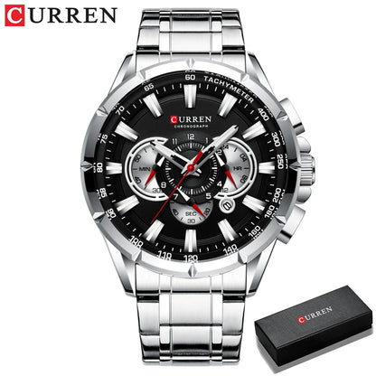 CURREN - Nuevo reloj deportivo informal con cronógrafo para hombre, correa de acero inoxidable, reloj de pulsera de cuarzo con esfera grande y punteros luminosos