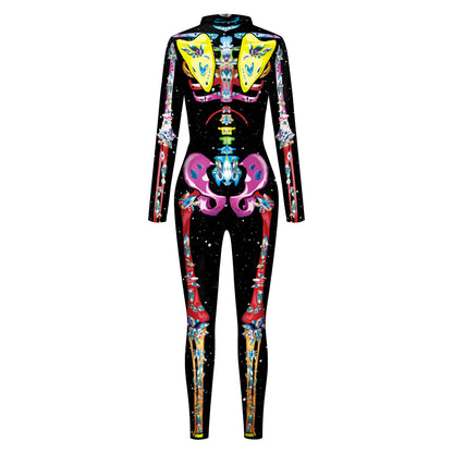 Color Cosplayer Halloween Skeleton Printed Jumpsuits Women Halloween Performance Outfits Party Cosplay Costume Zentai Fitness