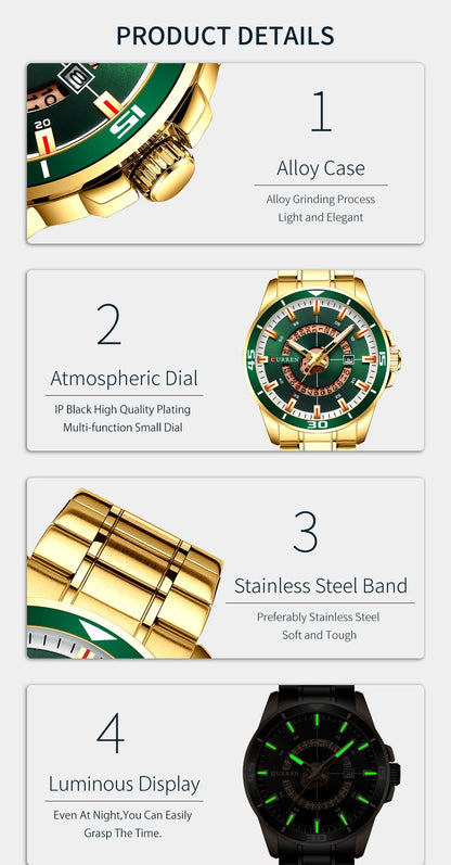 Relojes CURREN para hombre, relojes de negocios de moda para hombre con correa de acero inoxidable, reloj de cuarzo resistente al agua para hombre con fecha automática