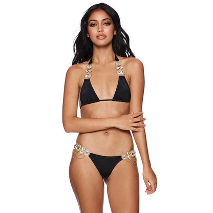 Bikini sexy con diamantes de imitación para mujer, traje de baño de color liso, push up, para playa, 2025
