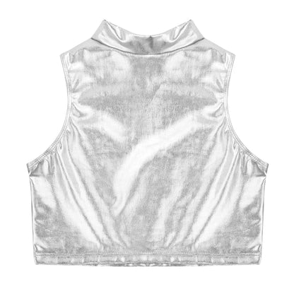 Ropa para niños, blusas sin mangas metálicas para niñas, minifalda plisada acampanada, conjunto de 2 piezas para niños, ropa de baile