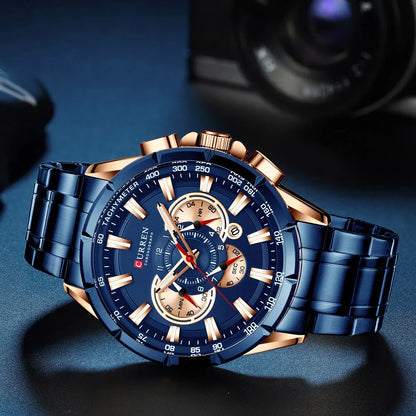 CURREN - Nuevo reloj deportivo informal con cronógrafo para hombre, correa de acero inoxidable, reloj de pulsera de cuarzo con esfera grande y punteros luminosos