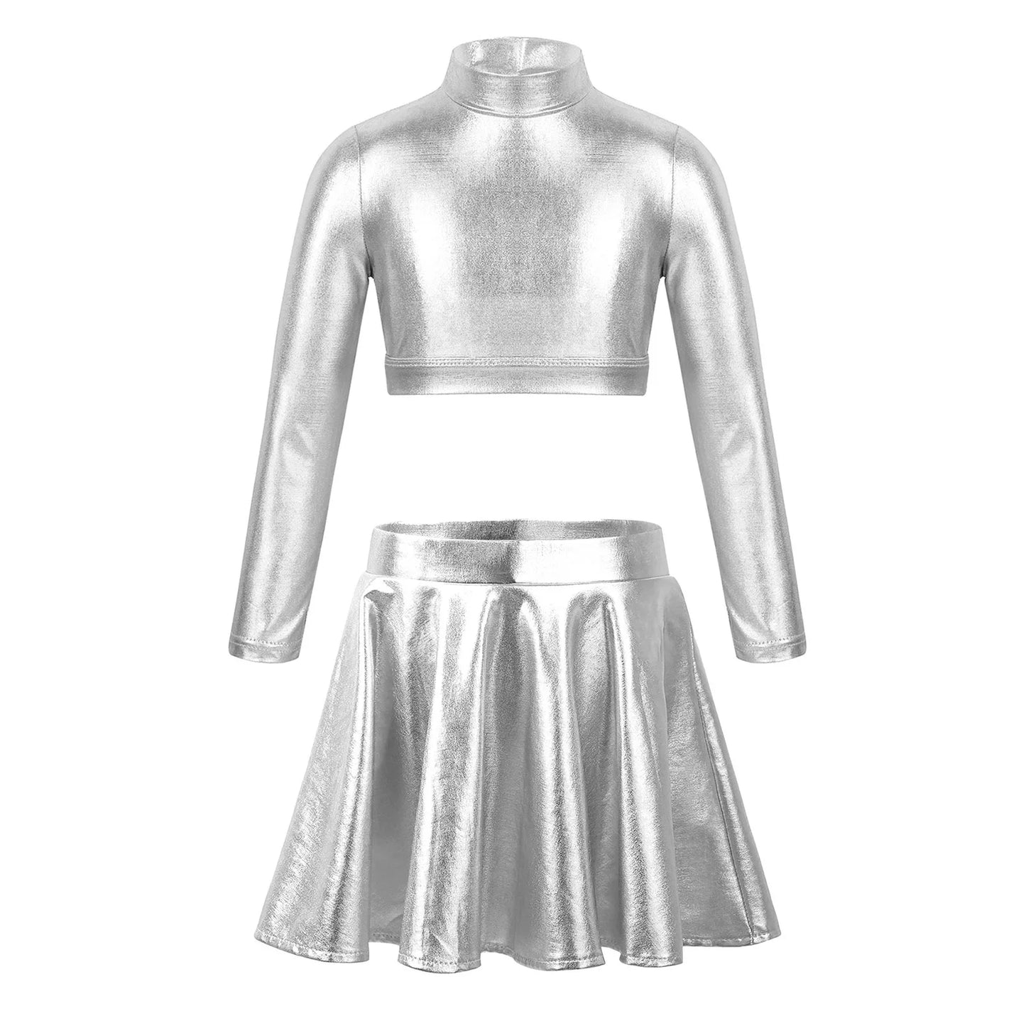 Ropa para niños, blusas sin mangas metálicas para niñas, minifalda plisada acampanada, conjunto de 2 piezas para niños, ropa de baile
