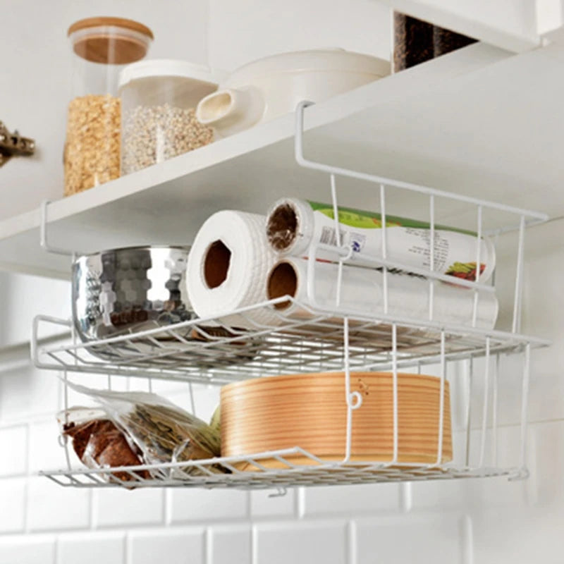 Cesta de almacenamiento rectangular para debajo de los estantes, brazos de ajuste cómodo, alambre de hierro, organización debajo de los estantes, resistente a la oxidación.