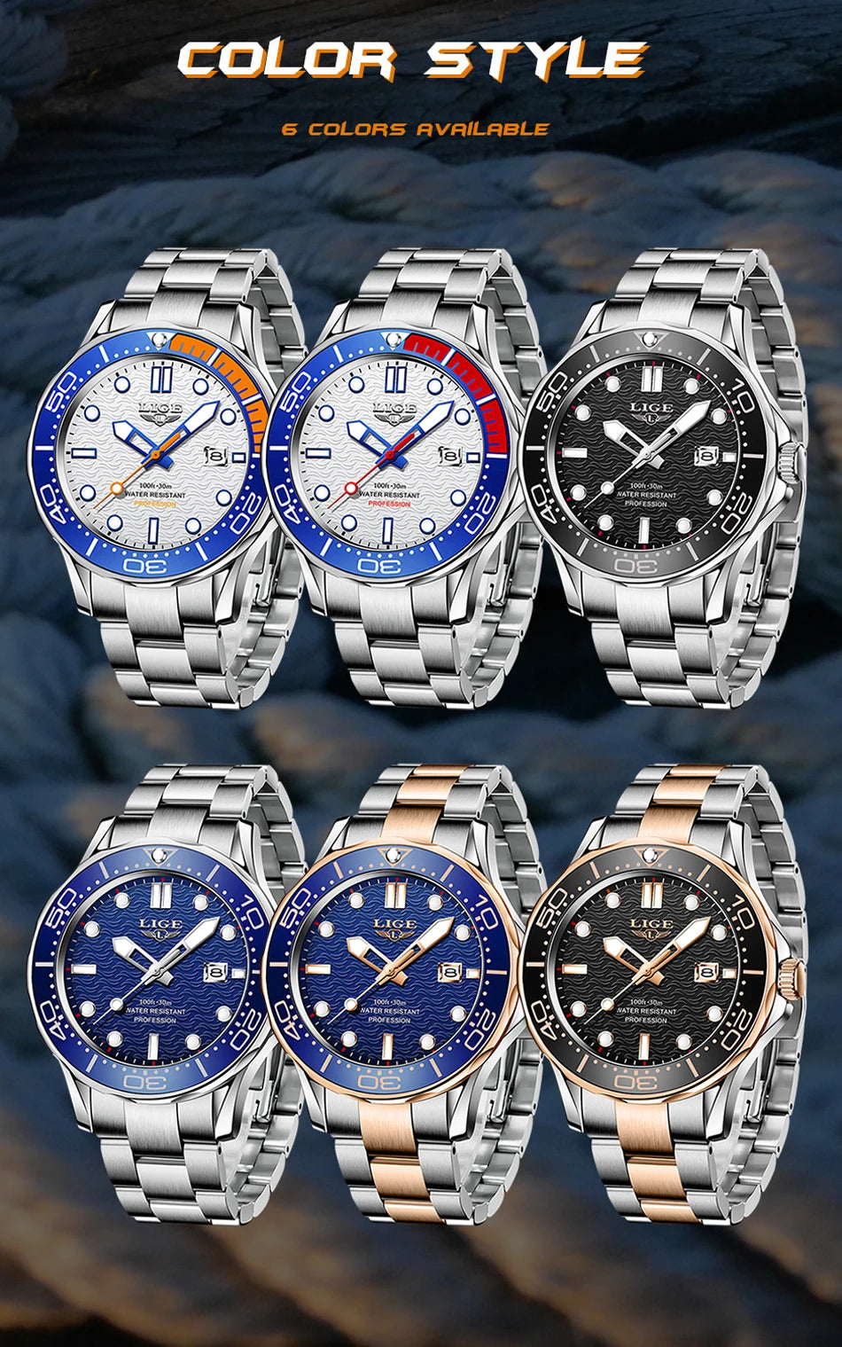 LIGE - Reloj de buceo de lujo para hombre, marca superior, resistente al agua hasta 3 ATM, con fecha, deportivo, de cuarzo, Masculino