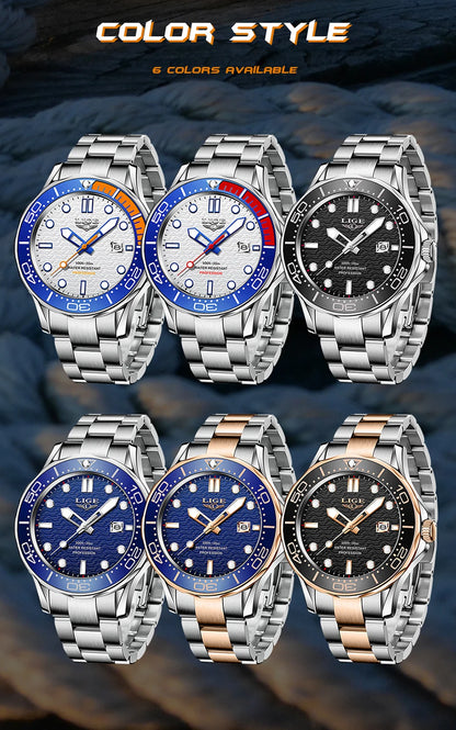 LIGE - Reloj de buceo de lujo para hombre, marca superior, resistente al agua hasta 3 ATM, con fecha, deportivo, de cuarzo, Masculino