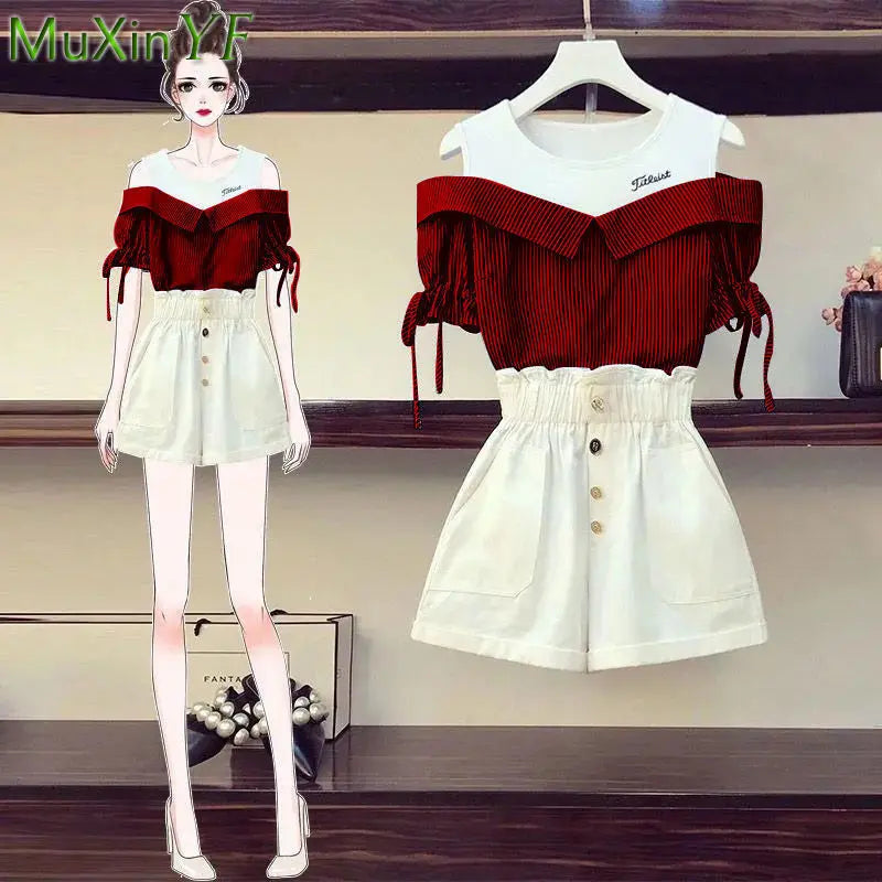 Conjunto de dos piezas formado por camiseta y pantalón corto, para mujer, verano 2024, informal, a rayas, con retazos, cintura alta y pantalones cortos
