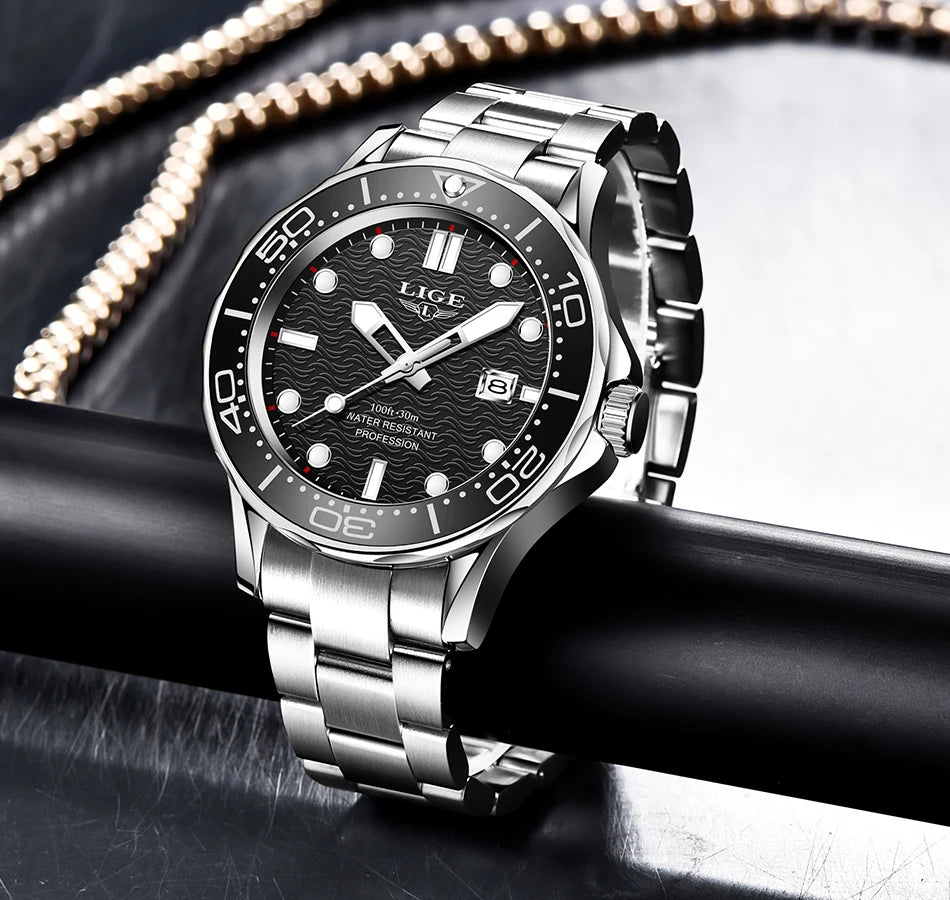 LIGE - Reloj de buceo de lujo para hombre, marca superior, resistente al agua hasta 3 ATM, con fecha, deportivo, de cuarzo, Masculino