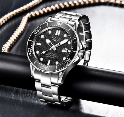 LIGE - Reloj de buceo de lujo para hombre, marca superior, resistente al agua hasta 3 ATM, con fecha, deportivo, de cuarzo, Masculino