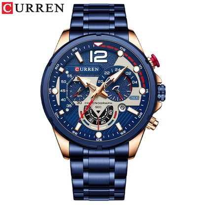 Relojes de cuarzo de moda CURREN para hombre, reloj de pulsera deportivo informal con esfera cronógrafo de acero inoxidable y luminoso