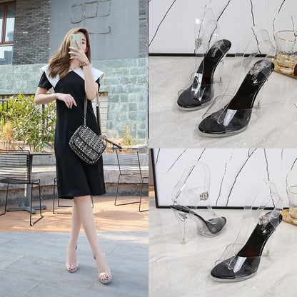 Sandalias Voesnees 2024 para mujer, zapatos nuevos de tacón de aguja con punta abierta, tacones altos transparentes, zapatos de boda con cristales, tacones de stripper para desfiles.