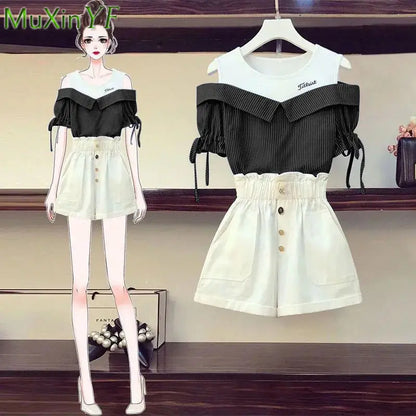 Conjunto de dos piezas formado por camiseta y pantalón corto, para mujer, verano 2024, informal, a rayas, con retazos, cintura alta y pantalones cortos