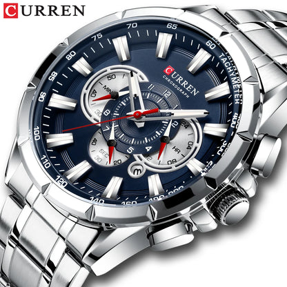 CURREN - Nuevo reloj deportivo informal con cronógrafo para hombre, correa de acero inoxidable, reloj de pulsera de cuarzo con esfera grande y punteros luminosos