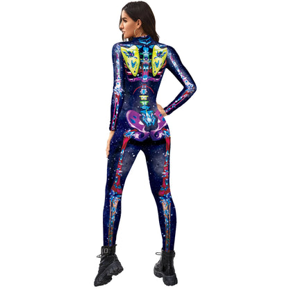 Color Cosplayer Halloween Skeleton Printed Jumpsuits Women Halloween Performance Outfits Party Cosplay Costume Zentai Fitness