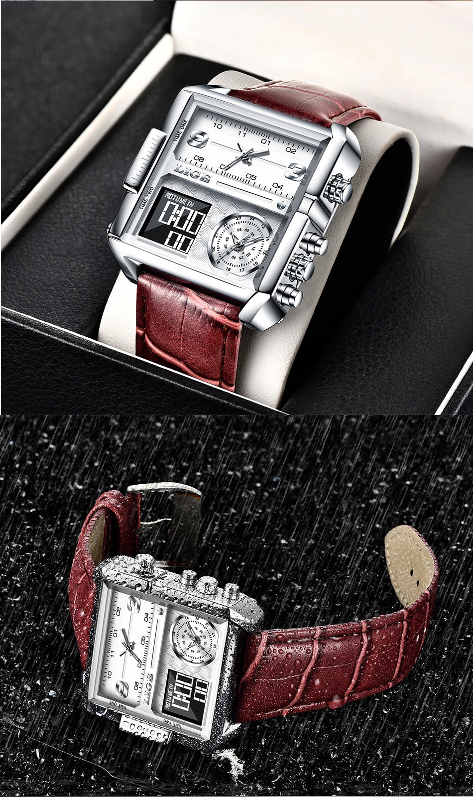 Reloj LIGE de acero negro para hombre, reloj digital con doble pantalla, cronógrafo deportivo, resistente al agua, de cuarzo, estilo militar