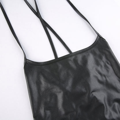 Women Sexy Suspender Mid-length Bodycon Dress Fashion Solid Color Leather Bandage Backless Skinny Split Dress For Female Mujer