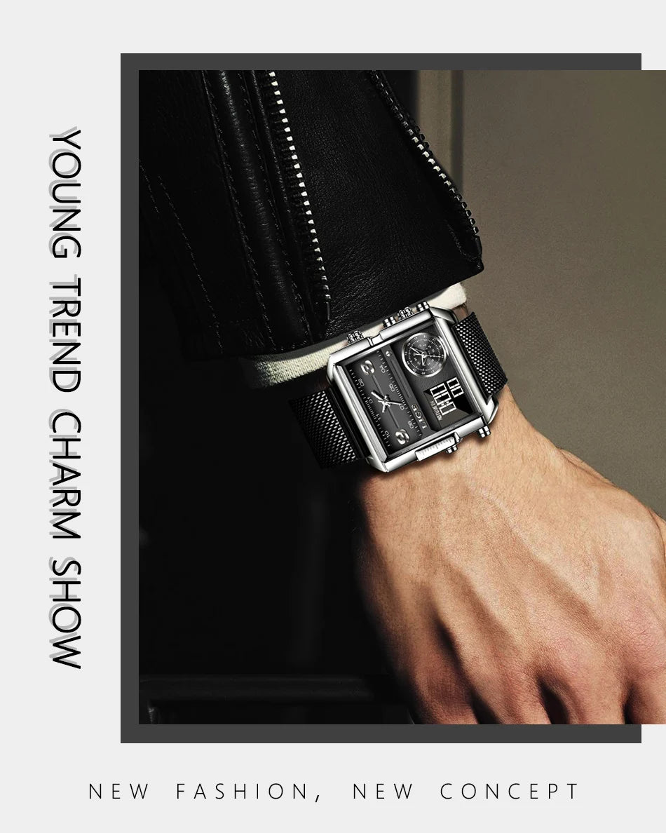 Reloj LIGE de acero negro para hombre, reloj digital con doble pantalla, cronógrafo deportivo, resistente al agua, de cuarzo, estilo militar