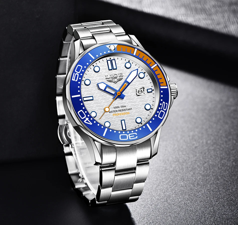 LIGE - Reloj de buceo de lujo para hombre, marca superior, resistente al agua hasta 3 ATM, con fecha, deportivo, de cuarzo, Masculino