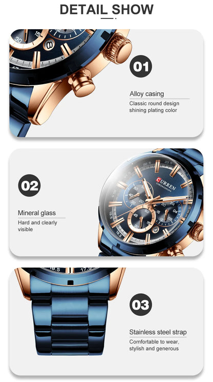 CURREN - Reloj deportivo de cuarzo para hombre, de lujo, de acero inoxidable, resistente al agua, cronógrafo, Masculino