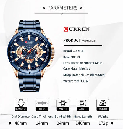 CURREN - Nuevo reloj deportivo informal con cronógrafo para hombre, correa de acero inoxidable, reloj de pulsera de cuarzo con esfera grande y punteros luminosos