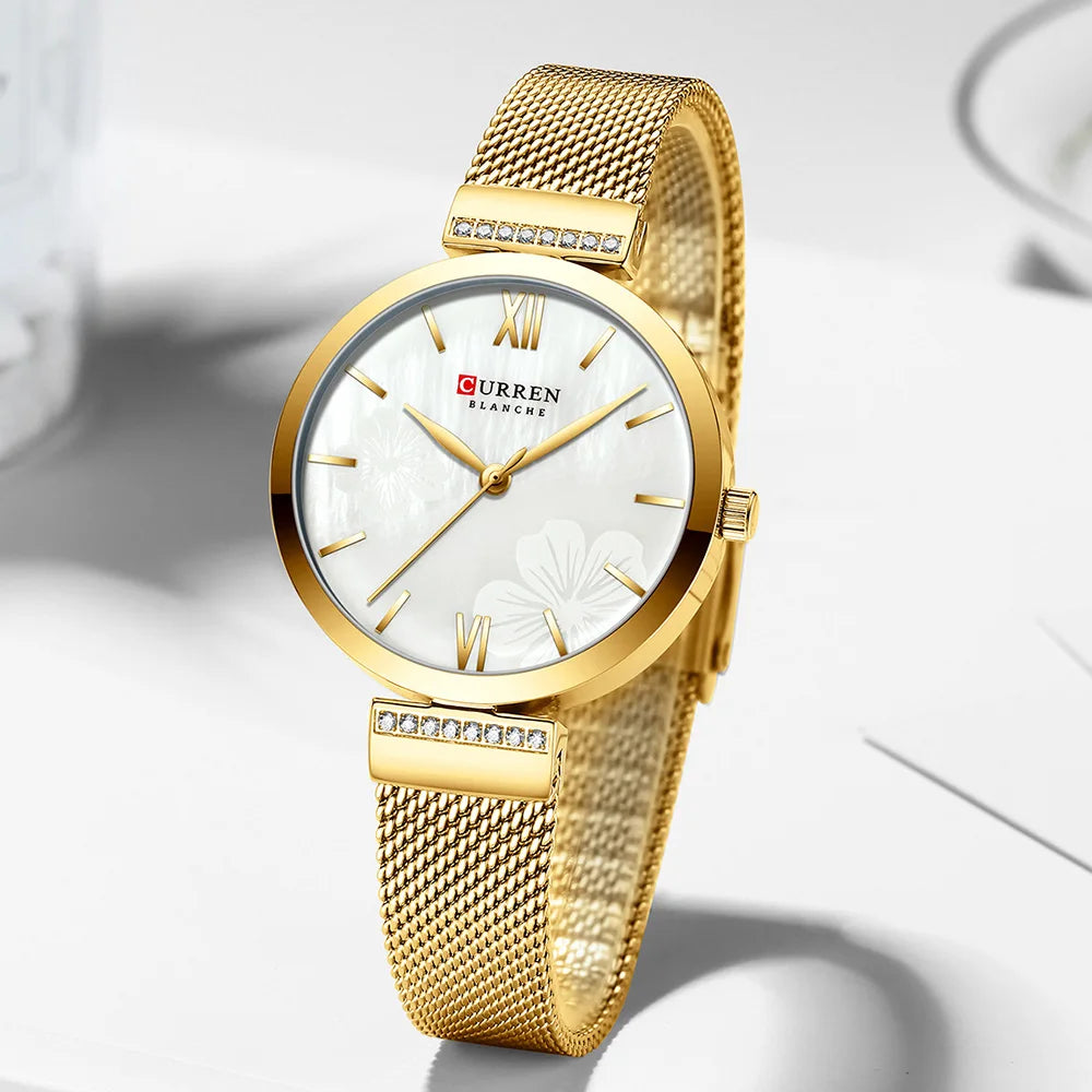 Reloj de moda CURREN para mujer, de lujo, de cuarzo dorado, elegante reloj de pulsera para mujer, reloj de vestir para mujer, acero inoxidable