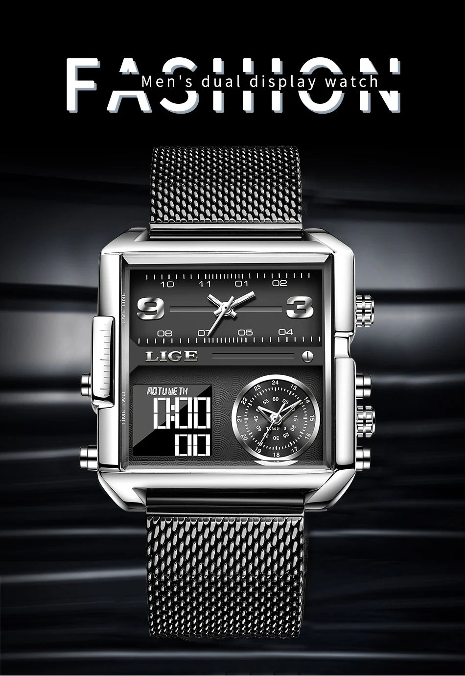 Reloj LIGE de acero negro para hombre, reloj digital con doble pantalla, cronógrafo deportivo, resistente al agua, de cuarzo, estilo militar