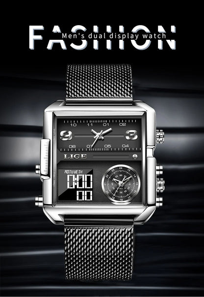 Reloj LIGE de acero negro para hombre, reloj digital con doble pantalla, cronógrafo deportivo, resistente al agua, de cuarzo, estilo militar