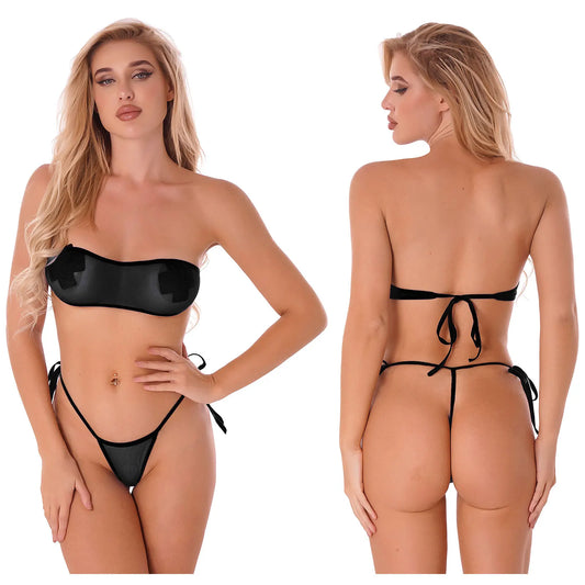 Traje de baño de malla transparente para mujer, conjunto de bikini triangular con microcordones y tanga, traje de baño de 2 piezas, ropa de playa sexy, bikini