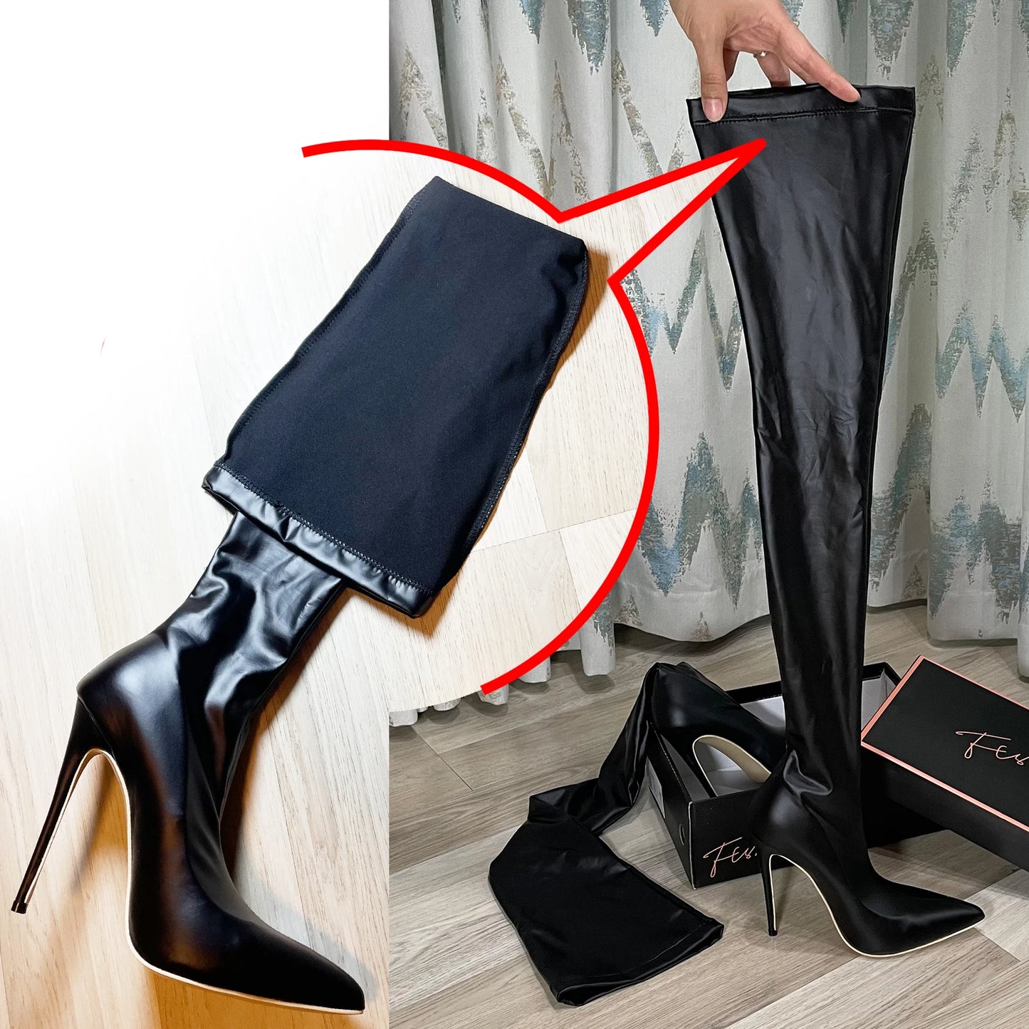 Botas de tacón superalto con efecto mojado de Ftshist para mujer, con tacón de aguja por encima de la rodilla, de piel sintética, con efecto calcetín elástico, zapatos ajustados para cosplay