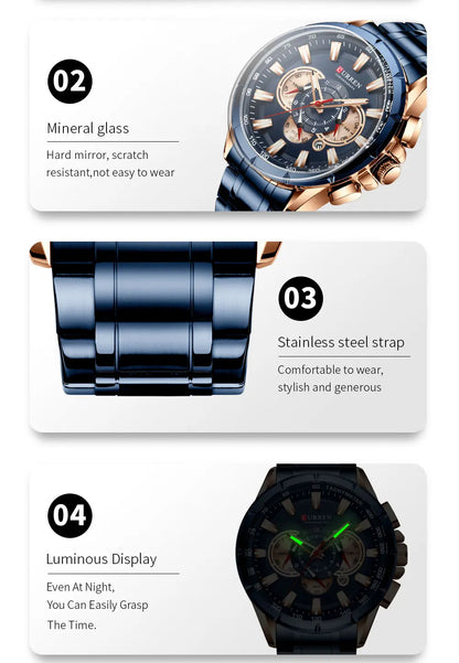 CURREN - Nuevo reloj deportivo informal con cronógrafo para hombre, correa de acero inoxidable, reloj de pulsera de cuarzo con esfera grande y punteros luminosos
