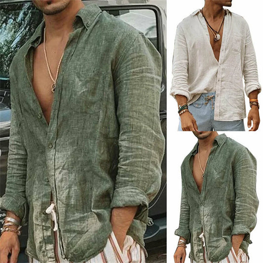 Camisas casuales de algodón y lino para hombre, cuello alto, color liso, manga larga, holgadas, para primavera y otoño, 2024