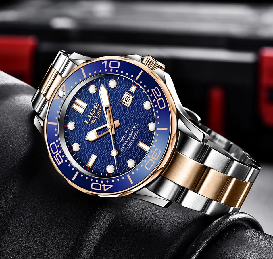 LIGE - Reloj de buceo de lujo para hombre, marca superior, resistente al agua hasta 3 ATM, con fecha, deportivo, de cuarzo, Masculino