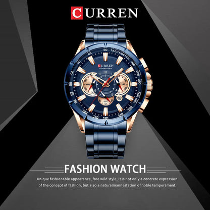 CURREN - Nuevo reloj deportivo informal con cronógrafo para hombre, correa de acero inoxidable, reloj de pulsera de cuarzo con esfera grande y punteros luminosos