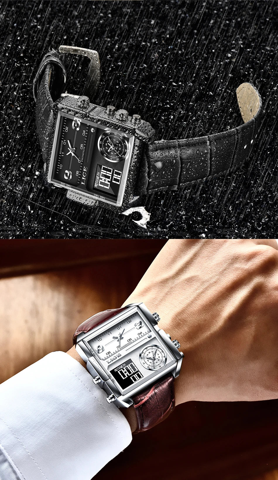 Reloj LIGE de acero negro para hombre, reloj digital con doble pantalla, cronógrafo deportivo, resistente al agua, de cuarzo, estilo militar