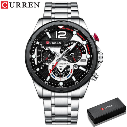 Relojes de cuarzo de moda CURREN para hombre, reloj de pulsera deportivo informal con esfera cronógrafo de acero inoxidable y luminoso