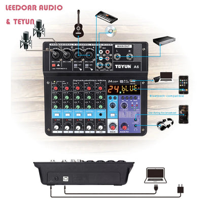 Mesa de mezclas de sonido para DJ TEYUN de 8, 6 y 4 canales, mezclador de audio con 24 efectos DSP, Bluetooth, PC, reproducción USB, grabación, controlador de 48 V, consola de mezclas