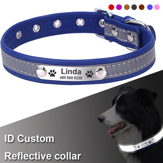 Collar reflectante personalizado para perro, de cuero resistente a las mordeduras, collar para cachorro y gato, collar de identificación, grabado con nombre, número de teléfono, placa de identificación para cachorro