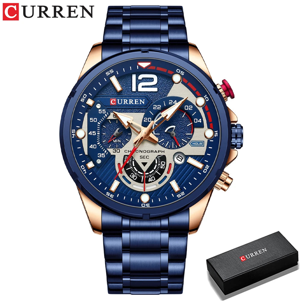 Relojes de cuarzo de moda CURREN para hombre, reloj de pulsera deportivo informal con esfera cronógrafo de acero inoxidable y luminoso