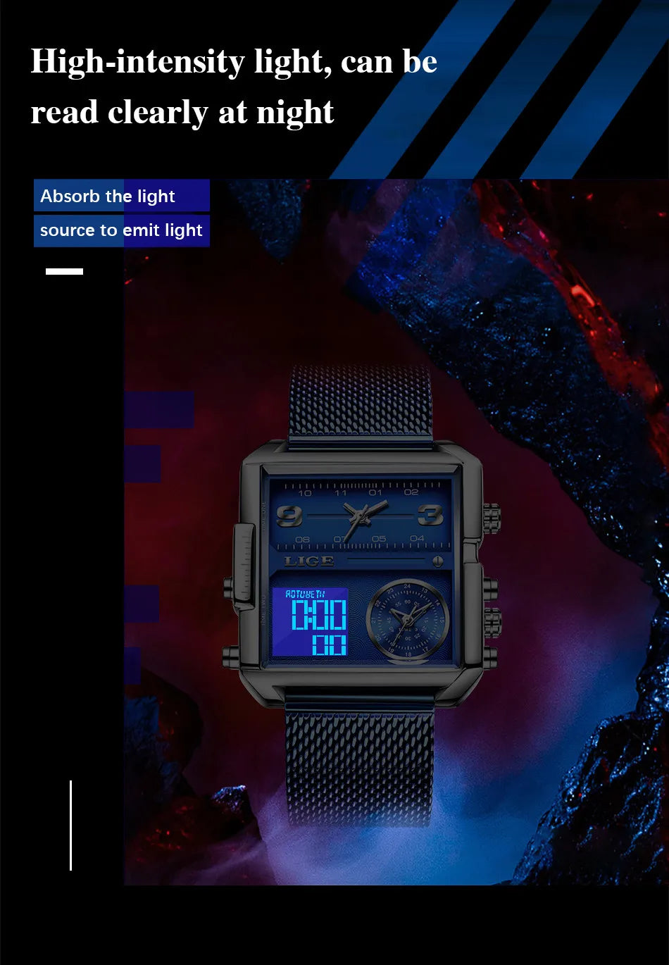 Reloj LIGE de acero negro para hombre, reloj digital con doble pantalla, cronógrafo deportivo, resistente al agua, de cuarzo, estilo militar