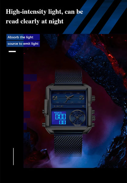 Reloj LIGE de acero negro para hombre, reloj digital con doble pantalla, cronógrafo deportivo, resistente al agua, de cuarzo, estilo militar