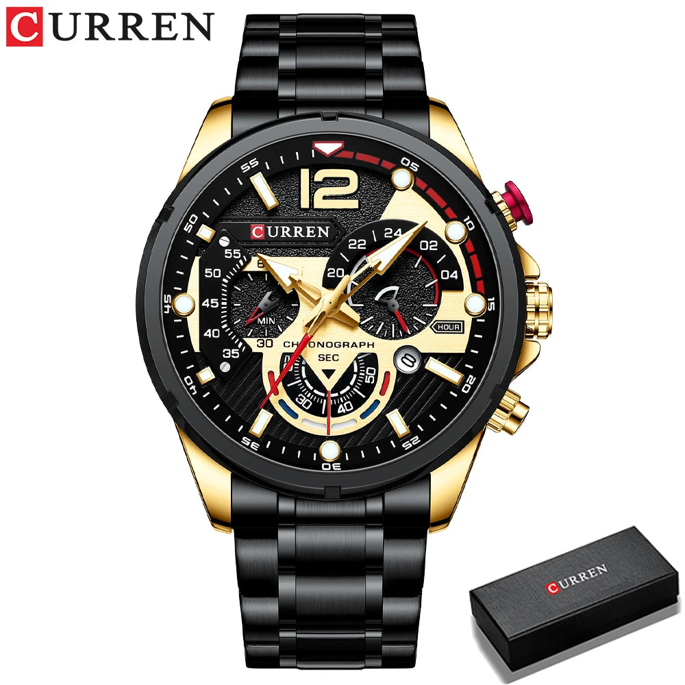 Relojes de cuarzo de moda CURREN para hombre, reloj de pulsera deportivo informal con esfera cronógrafo de acero inoxidable y luminoso