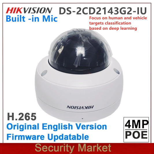 Cámara de red domo fija Hikvision Surveillance DS-2CD2143G2-IU IP original de 4 MP con PoE, antivandálica y micrófono integrado.