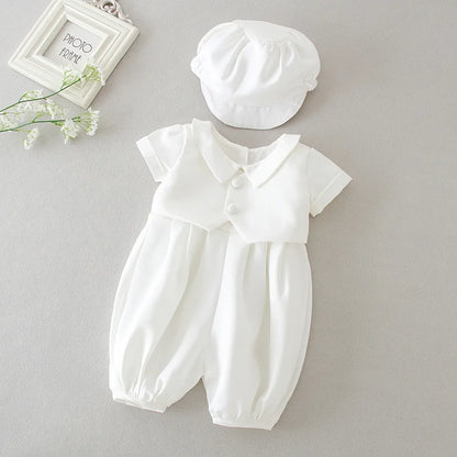 Ropa de bebé niño, conjunto de pelele blanco para bautismo con gorro y cuello vuelto, ropa para recién nacidos, primera Navidad, cumpleaños de niño de 3 a 24 meses