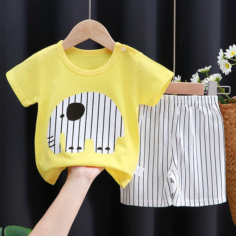 Conjunto de ropa para niños, camiseta y pantalones cortos para bebé niño/niña, ropa de verano de algodón con dibujos animados, chándal informal para niño y bebé.