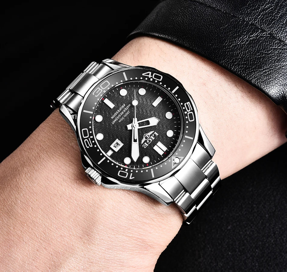 LIGE - Reloj de buceo de lujo para hombre, marca superior, resistente al agua hasta 3 ATM, con fecha, deportivo, de cuarzo, Masculino