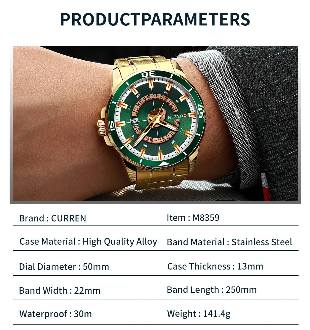 Relojes CURREN para hombre, relojes de negocios de moda para hombre con correa de acero inoxidable, reloj de cuarzo resistente al agua para hombre con fecha automática