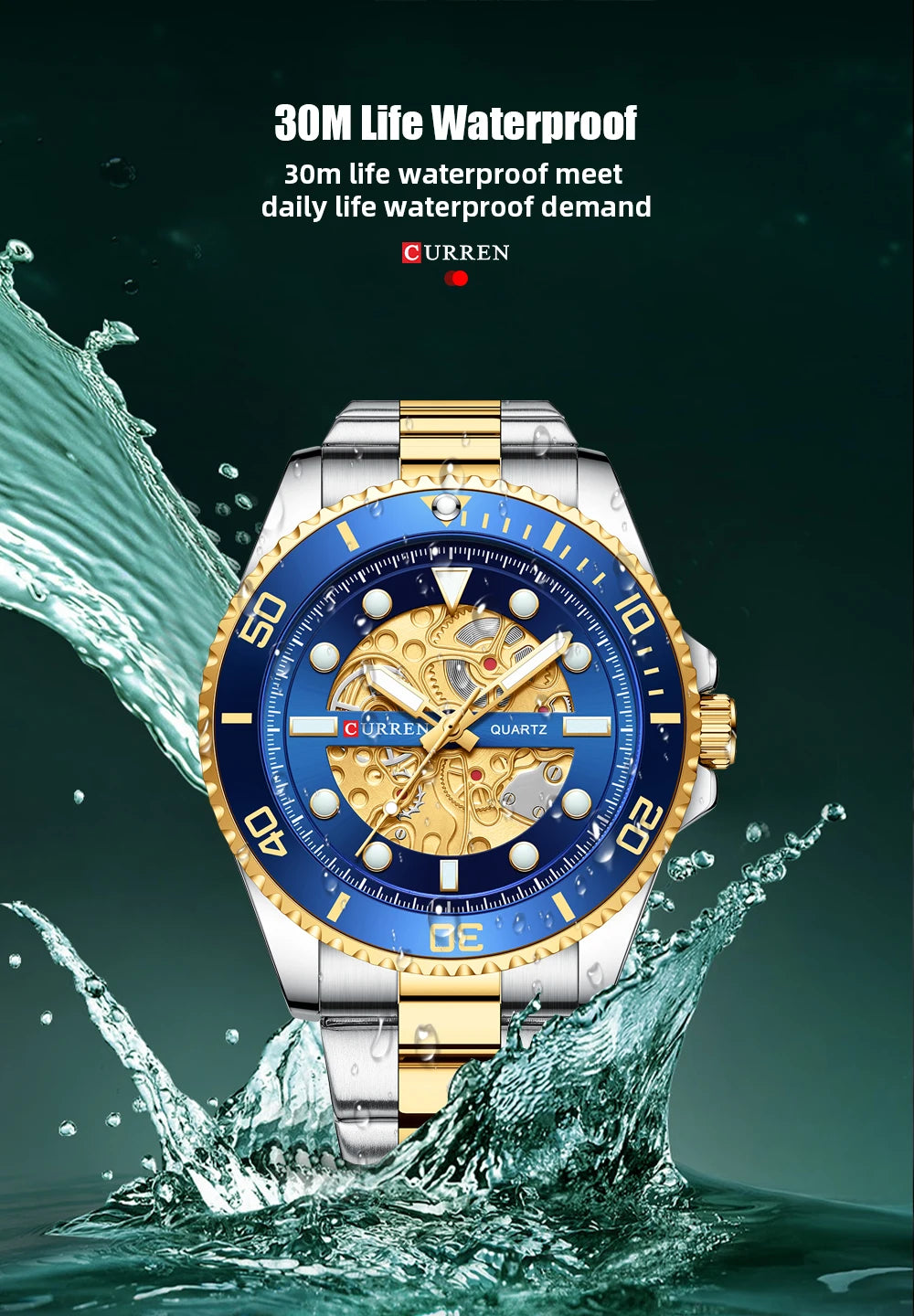 Relojes CURREN, reloj de cuarzo con diseño mecánico imitado, correa de acero inoxidable, relojes de pulsera luminosos para hombre con caja