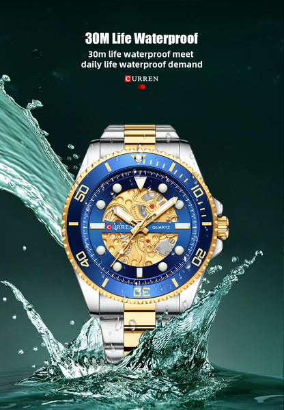 Relojes CURREN, reloj de cuarzo con diseño mecánico imitado, correa de acero inoxidable, relojes de pulsera luminosos para hombre con caja