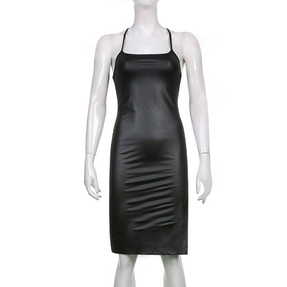 Women Sexy Suspender Mid-length Bodycon Dress Fashion Solid Color Leather Bandage Backless Skinny Split Dress For Female Mujer